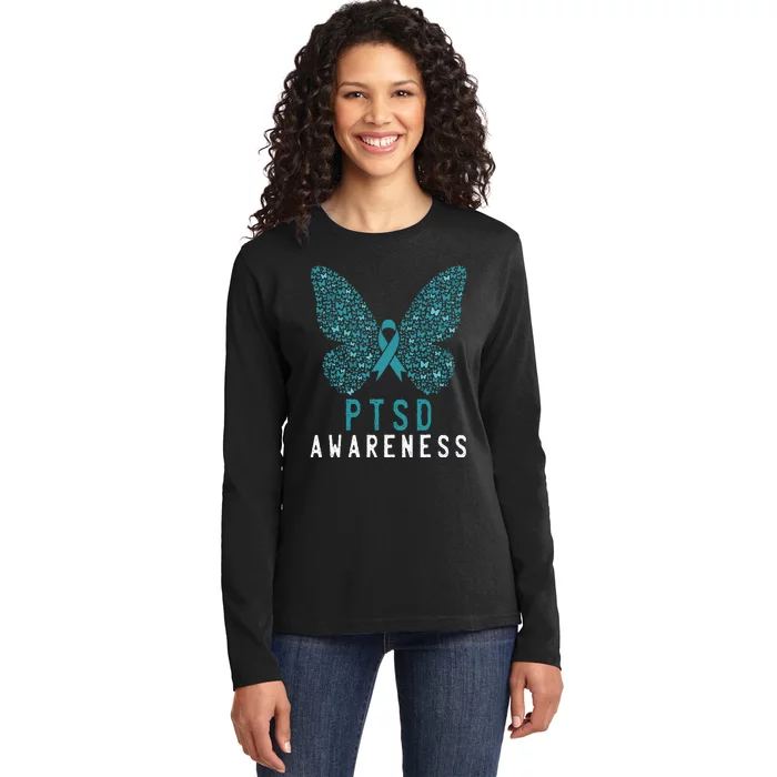 Butterfly PTSD Awareness Month Teal Ribbon Support Fighter Ladies Long Sleeve Shirt