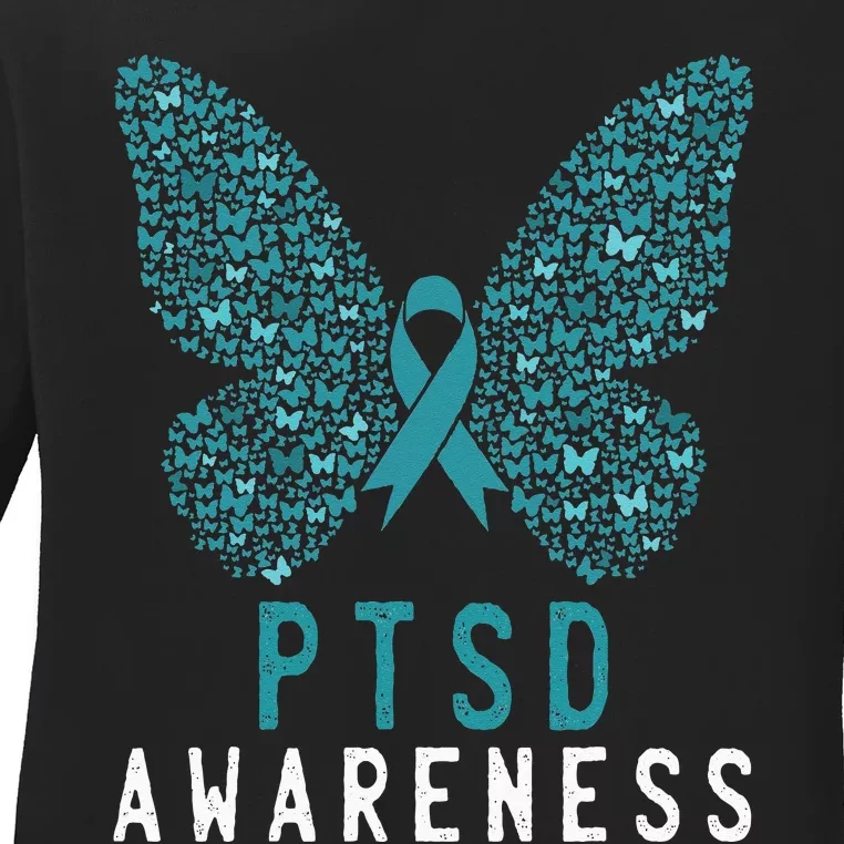 Butterfly PTSD Awareness Month Teal Ribbon Support Fighter Ladies Long Sleeve Shirt