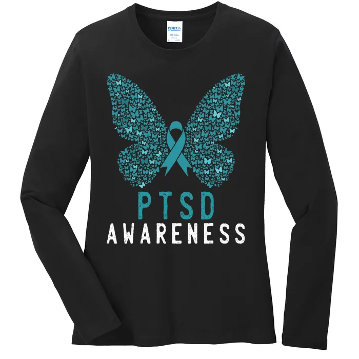 Butterfly PTSD Awareness Month Teal Ribbon Support Fighter Ladies Long Sleeve Shirt