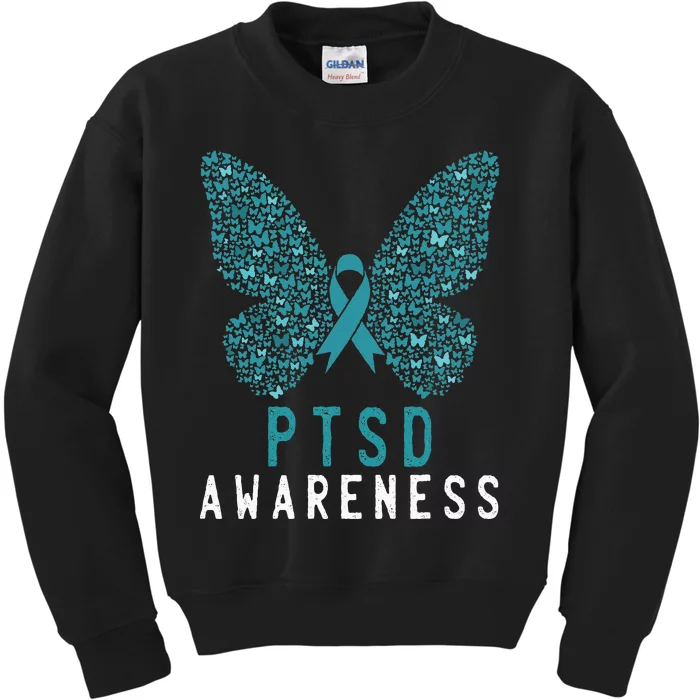 Butterfly PTSD Awareness Month Teal Ribbon Support Fighter Kids Sweatshirt