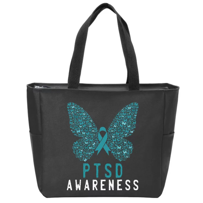 Butterfly PTSD Awareness Month Teal Ribbon Support Fighter Zip Tote Bag