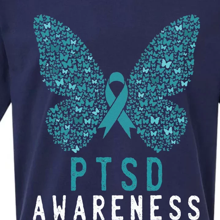 Butterfly PTSD Awareness Month Teal Ribbon Support Fighter Sueded Cloud Jersey T-Shirt