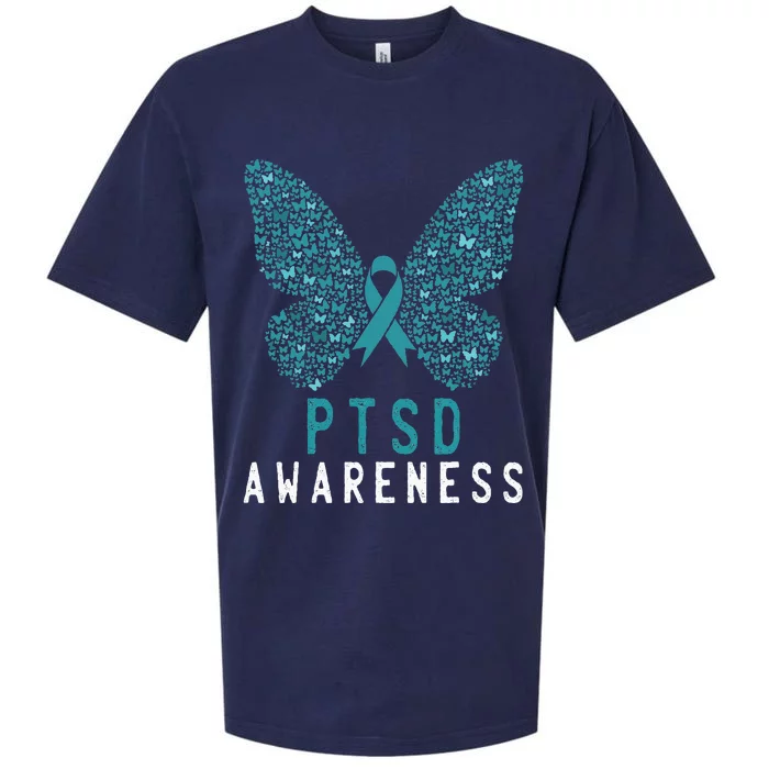 Butterfly PTSD Awareness Month Teal Ribbon Support Fighter Sueded Cloud Jersey T-Shirt