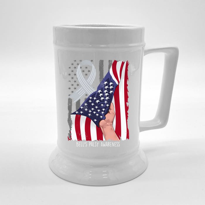 Bell’s Palsy Awareness Vintage American Flag Silver Ribbon Funny Gift Front & Back Beer Stein