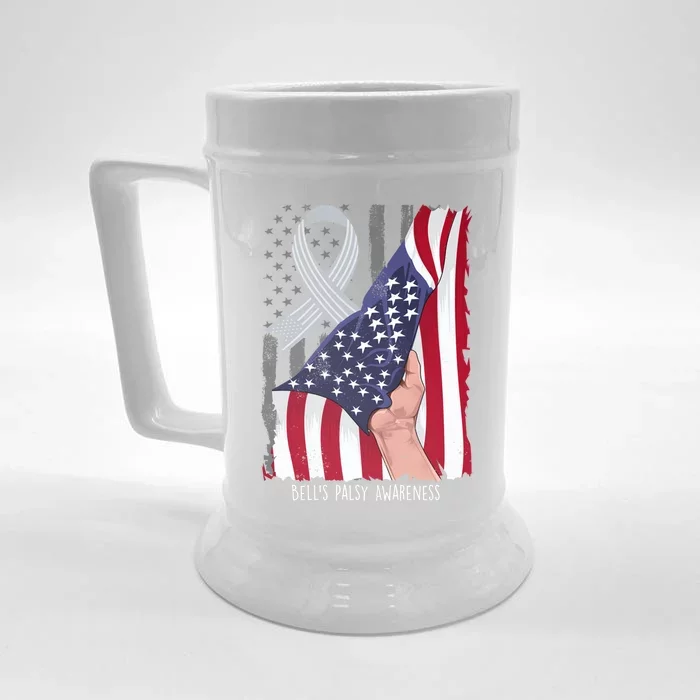 Bell’s Palsy Awareness Vintage American Flag Silver Ribbon Funny Gift Front & Back Beer Stein