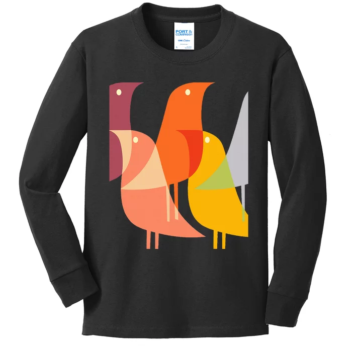 Bird Print Art Deco 60s Style Minimal Hippy Retro Cool Kids Long Sleeve Shirt