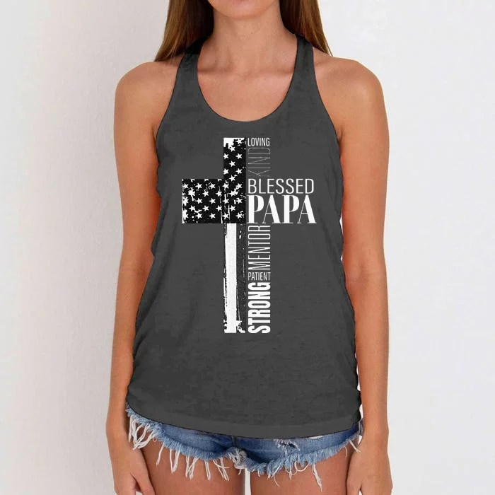 Blessed Papa American Flag Christian Religious Fathers Day Women's Knotted Racerback Tank