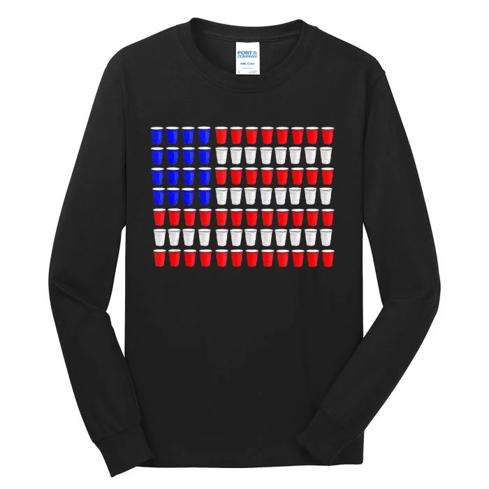 Beer Pong American Flag Red White Blue Usa Tall Long Sleeve T-Shirt