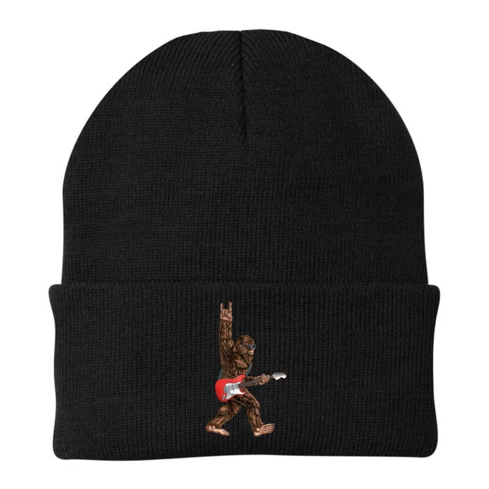 Bigfoot Playing A Electric Guitar Rock On Sasquatch Big Foot Knit Cap Winter Beanie