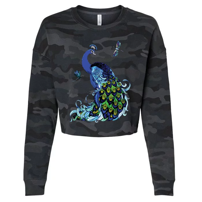 Blue Peacock And Dragonflies Cropped Pullover Crew