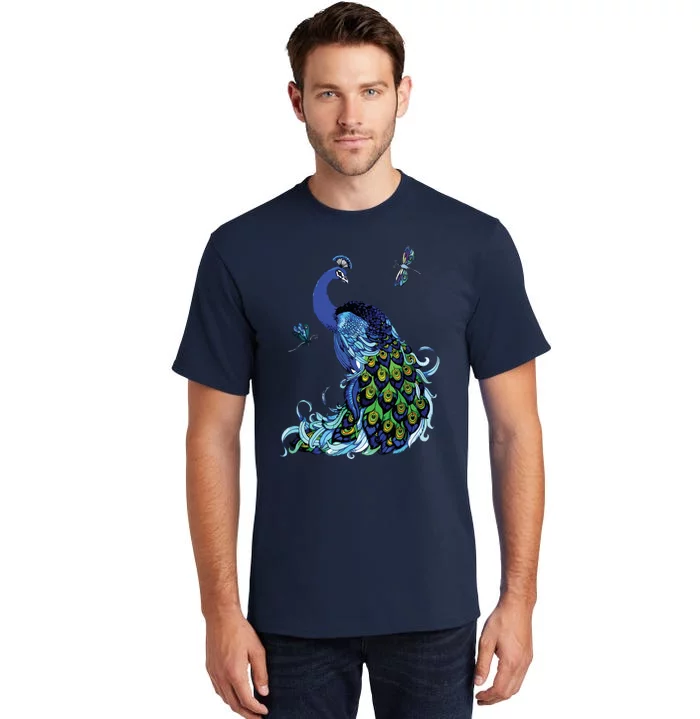 Blue Peacock And Dragonflies Tall T-Shirt