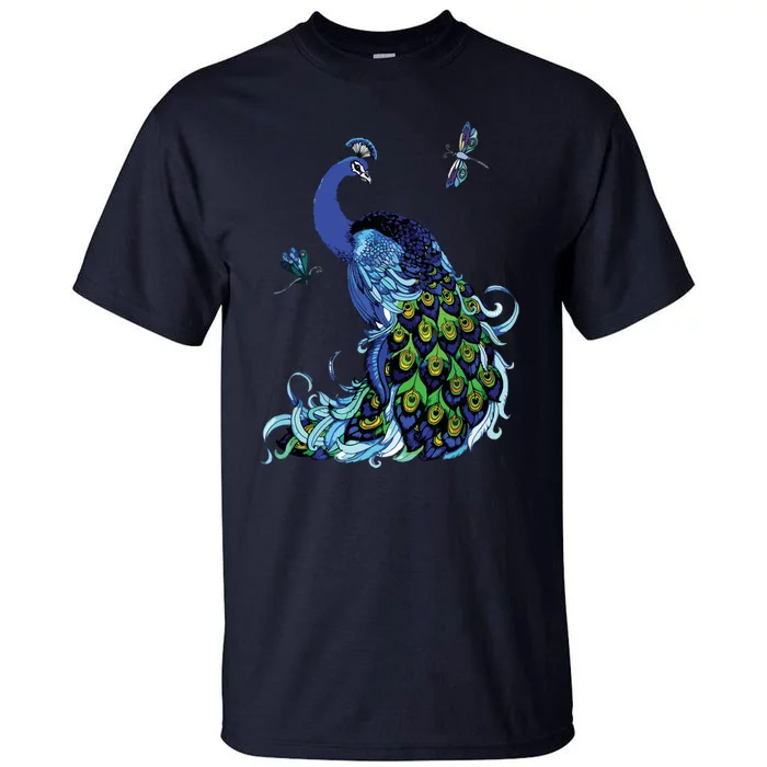 Blue Peacock And Dragonflies Tall T-Shirt