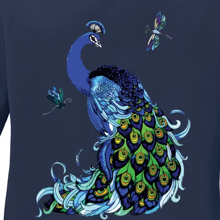 Blue Peacock And Dragonflies Ladies Long Sleeve Shirt