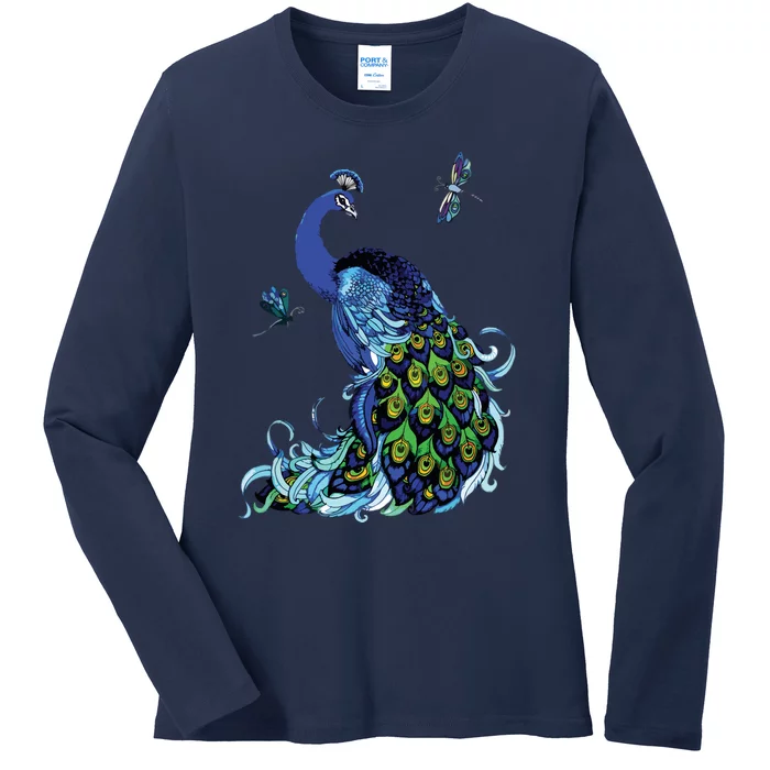 Blue Peacock And Dragonflies Ladies Long Sleeve Shirt