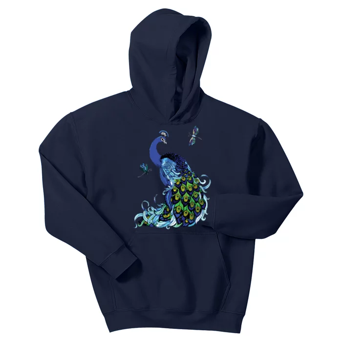 Blue Peacock And Dragonflies Kids Hoodie