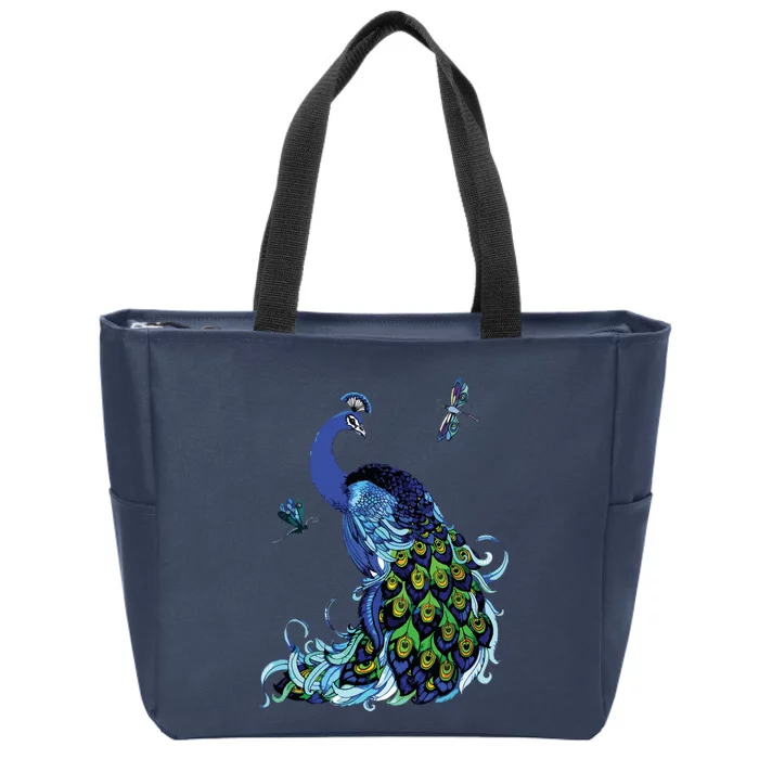 Blue Peacock And Dragonflies Zip Tote Bag