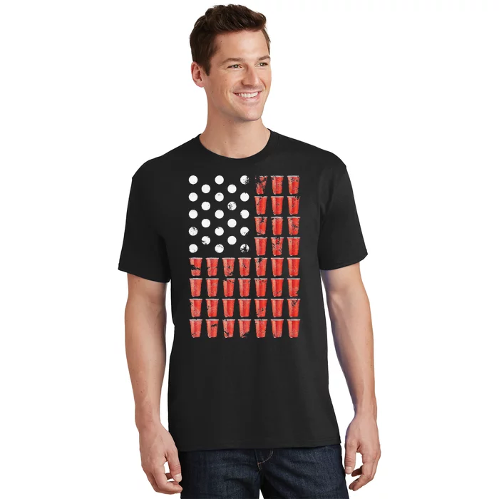 Beer Pong American Flag Patriotic 4th of July Party T-Shirt