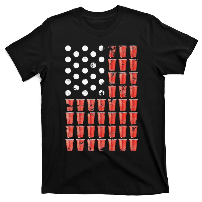 Beer Pong American Flag Patriotic 4th of July Party T-Shirt