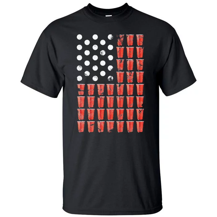 Beer Pong American Flag Patriotic 4th of July Party Tall T-Shirt