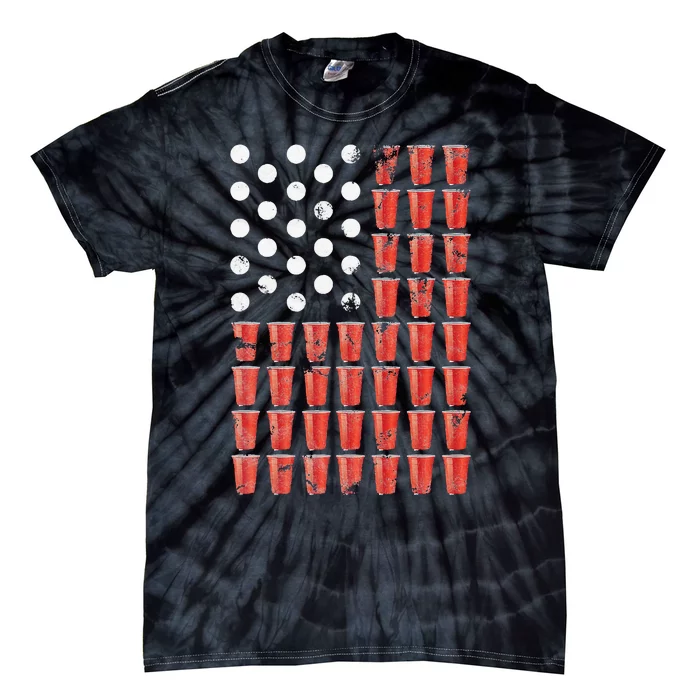 Beer Pong American Flag Patriotic 4th of July Party Tie-Dye T-Shirt