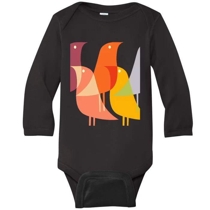 Bird Print Art Deco 60s Style Minimal Hippy Baby Long Sleeve Bodysuit