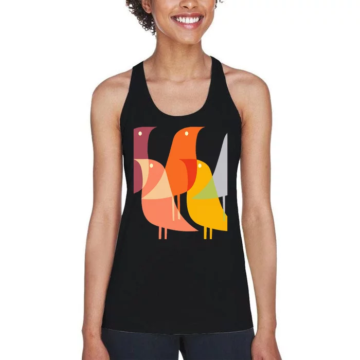 Bird Print Art Deco 60s Style Minimal Hippy Women's Racerback Tank