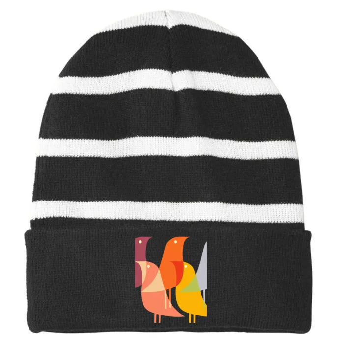 Bird Print Art Deco 60s Style Minimal Hippy Striped Beanie with Solid Band