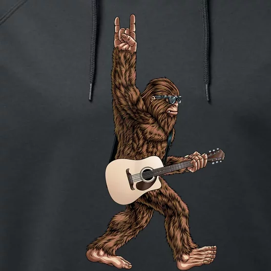 Bigfoot Playing Acoustic Guitar Rock On Sasquatch Big Foot Performance Fleece Hoodie