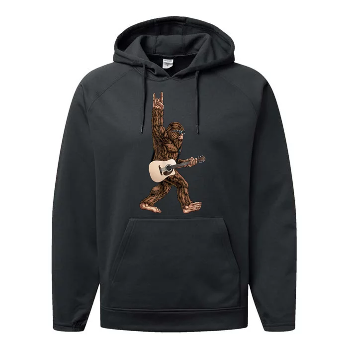 Bigfoot Playing Acoustic Guitar Rock On Sasquatch Big Foot Performance Fleece Hoodie