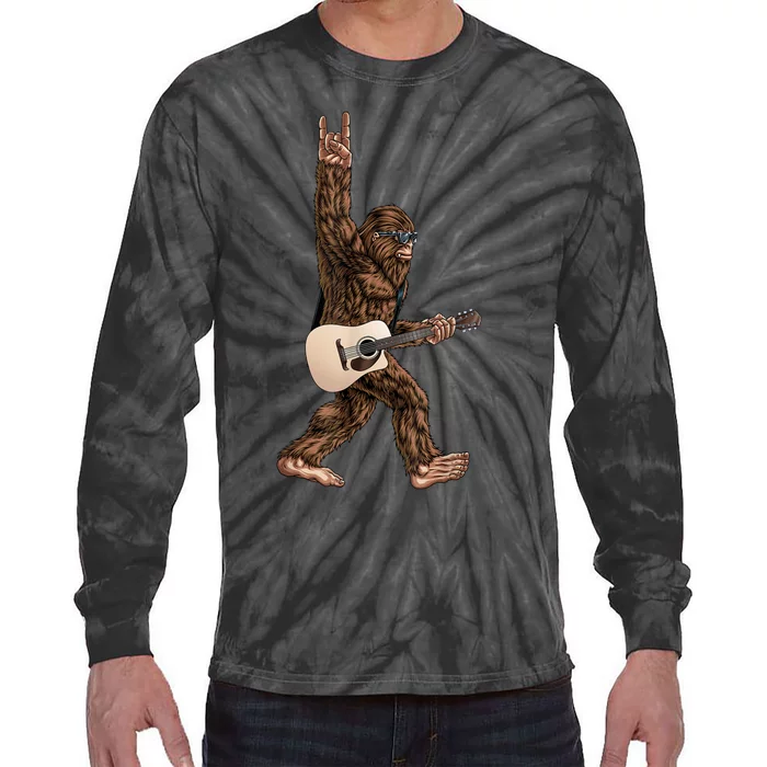 Bigfoot Playing Acoustic Guitar Rock On Sasquatch Big Foot Tie-Dye Long Sleeve Shirt