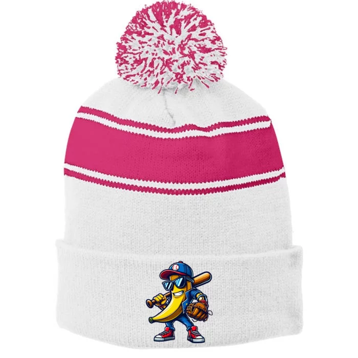 Banana Playing Baseball Fruit Lover Stripe Pom Pom Beanie