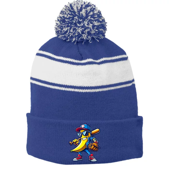 Banana Playing Baseball Fruit Lover Baseball Stripe Pom Pom Beanie