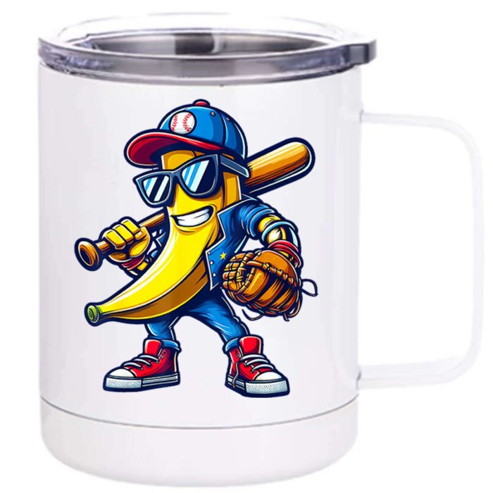 Banana Playing Baseball Fruit Lover Baseball Front & Back 12oz Stainless Steel Tumbler Cup