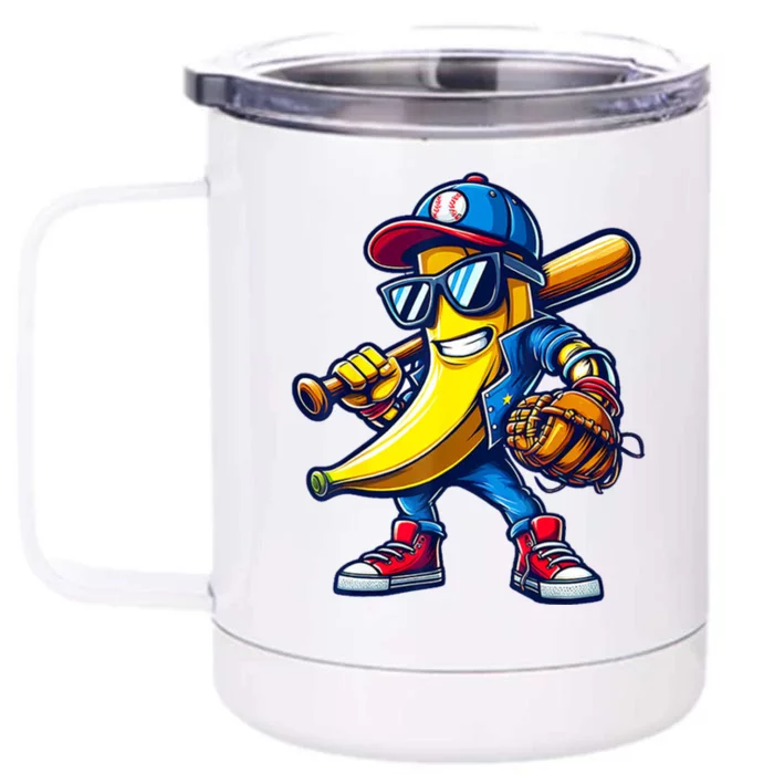 Banana Playing Baseball Fruit Lover Baseball Front & Back 12oz Stainless Steel Tumbler Cup