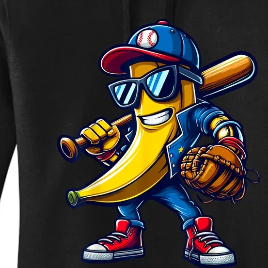 Banana Playing Baseball Fruit Lover Funny Baseball Player Women's Pullover Hoodie