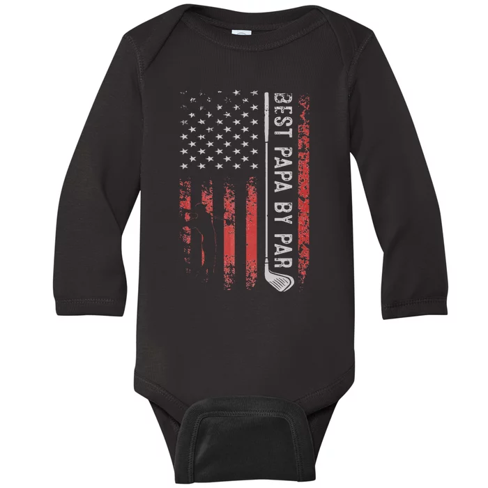 Best Papa By Par American Flag Golf Patriotic Golfer Baby Long Sleeve Bodysuit