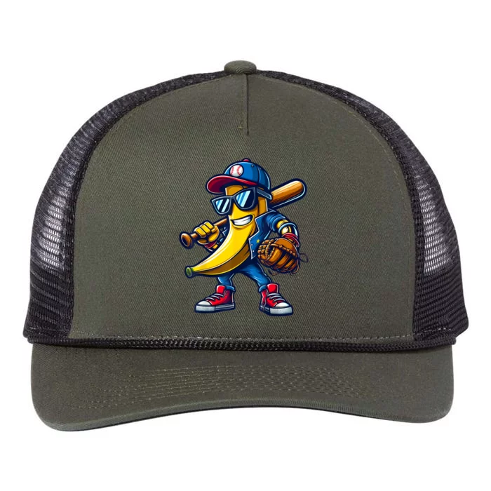 Banana Playing Baseball Fruit Lover Funny Baseball Player Retro Rope Trucker Hat Cap