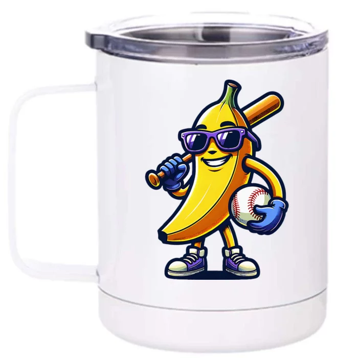 Banana Playing Baseball Fruit Lover Baseball Player Front & Back 12oz Stainless Steel Tumbler Cup