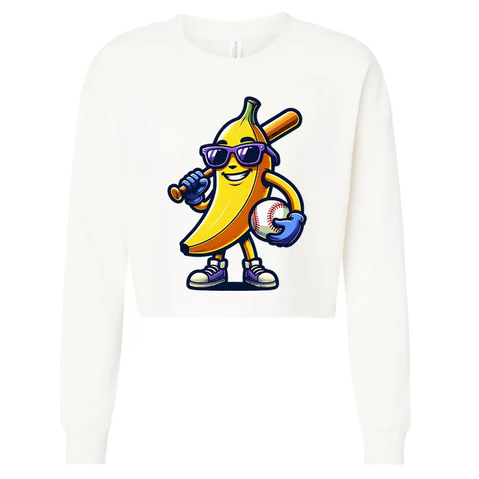 Banana Playing Baseball Fruit Lover Baseball Player Cropped Pullover Crew