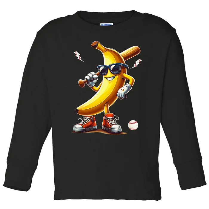 Banana Playing Baseball Funny Baseball Game Toddler Long Sleeve Shirt