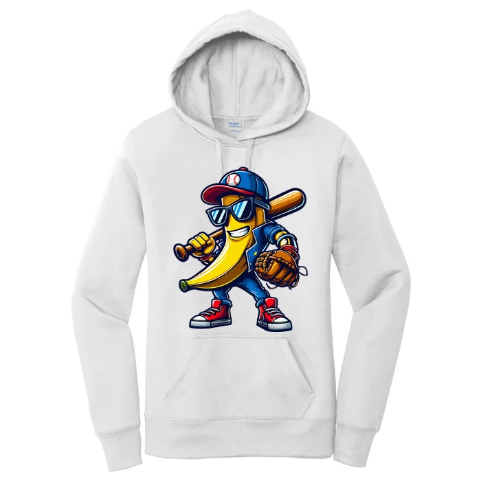 Banana Playing Baseball Fruit Lover Funny Baseball Player Women's Pullover Hoodie