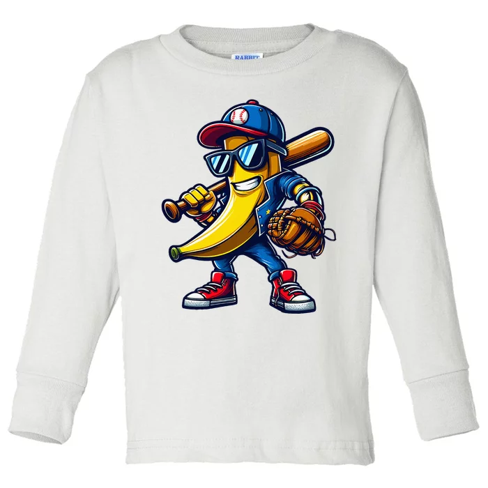 Banana Playing Baseball Fruit Lover Funny Baseball Player Toddler Long Sleeve Shirt