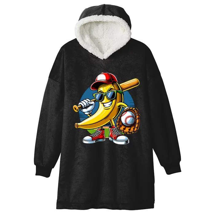 Banana Playing Baseball Fruit Lover Baseball Player Hooded Wearable Blanket