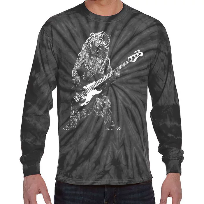 Bear Playing Bass Guitar Animal Playing Guitar Tie-Dye Long Sleeve Shirt