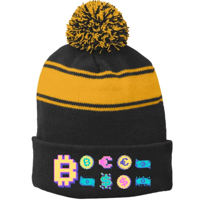 Bitcoin Pixelated Stripe Pom Pom Beanie