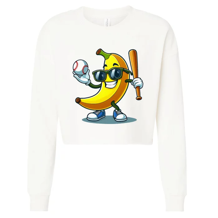 Banana Playing Baseball Fruit Lover Baseball Player Cropped Pullover Crew