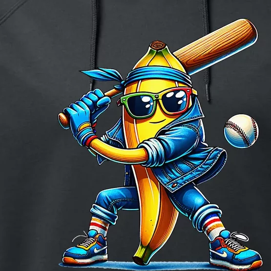 Banana Playing Baseball Fruit Lover Baseball Player Performance Fleece Hoodie