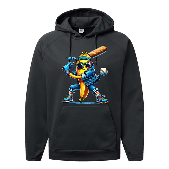 Banana Playing Baseball Fruit Lover Baseball Player Performance Fleece Hoodie