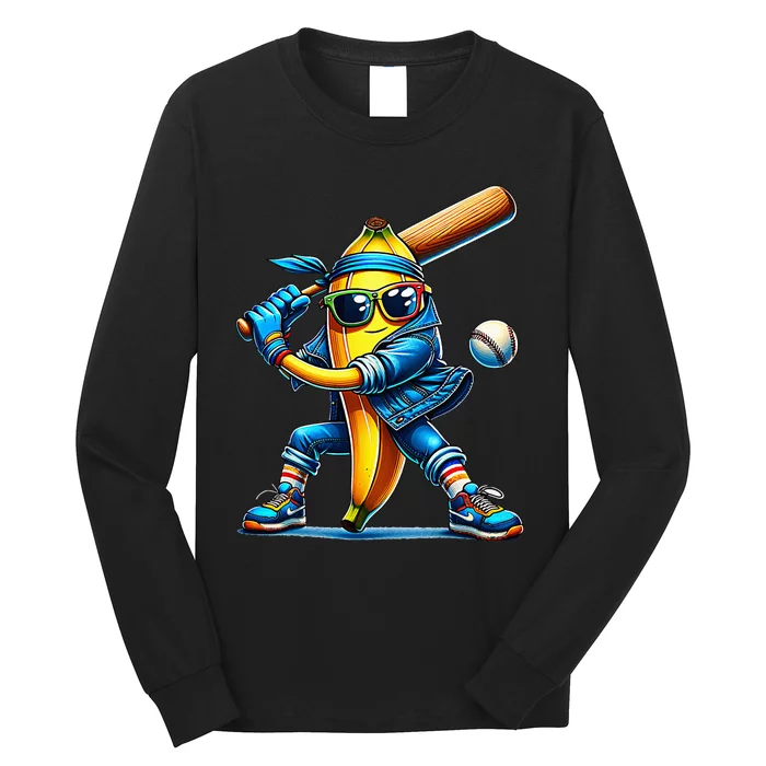 Banana Playing Baseball Fruit Lover Baseball Player Long Sleeve Shirt