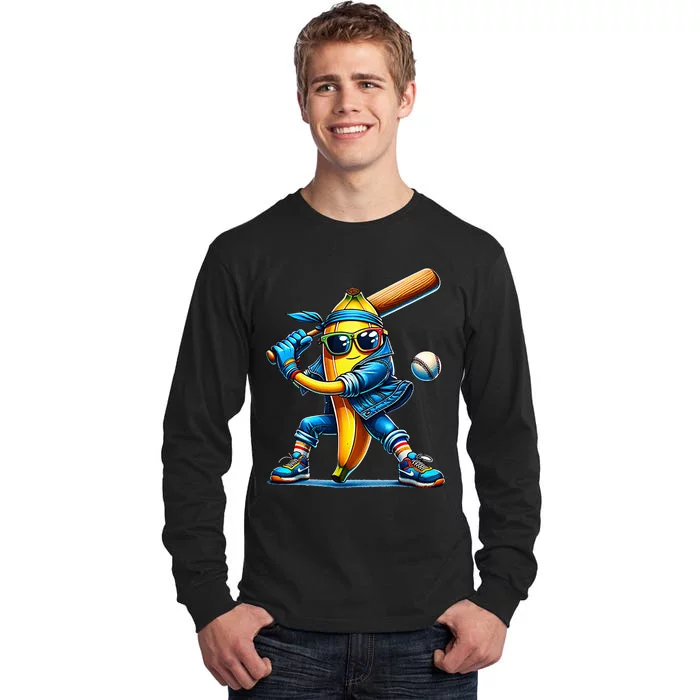 Banana Playing Baseball Fruit Lover Baseball Player Tall Long Sleeve T-Shirt